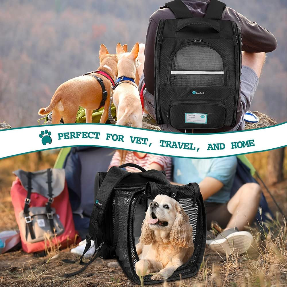 Dog Cat Backpack Carrier, Expandable Pet Carrier Backpack for Travel Hiking, Small Medium Dog Puppy Large Cat Carrying Backpack, Airline Approved Ventilated Soft Back Support, 18 Lbs, Black