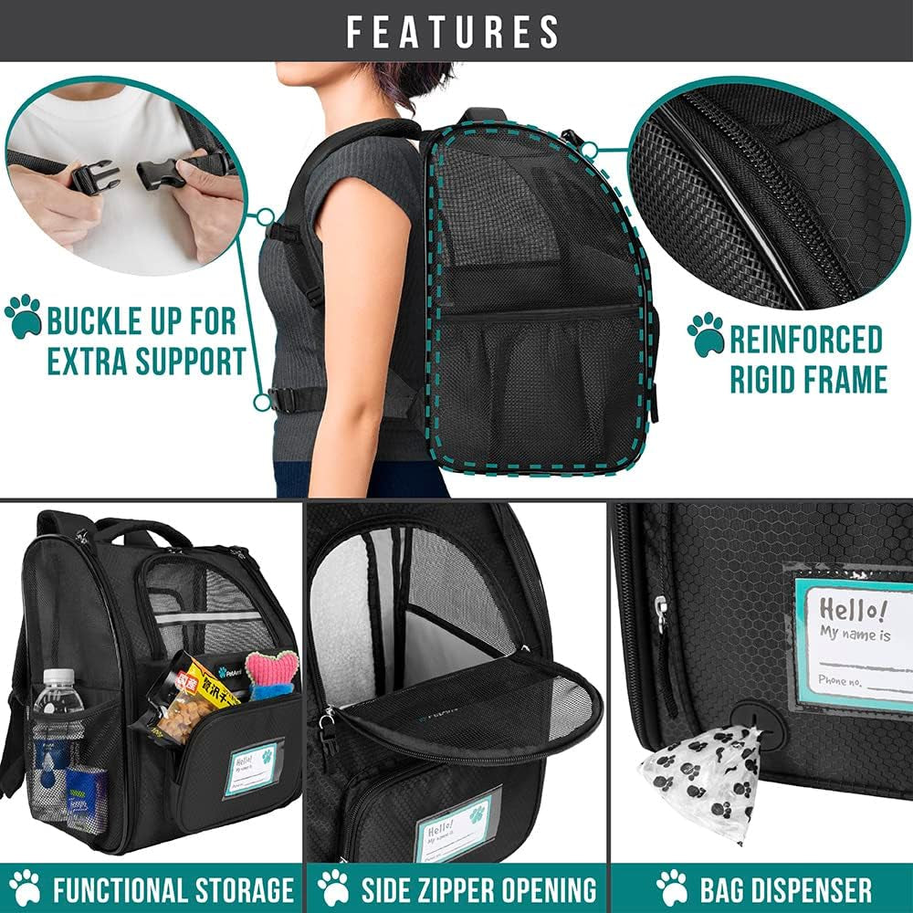 Dog Cat Backpack Carrier, Expandable Pet Carrier Backpack for Travel Hiking, Small Medium Dog Puppy Large Cat Carrying Backpack, Airline Approved Ventilated Soft Back Support, 18 Lbs, Black