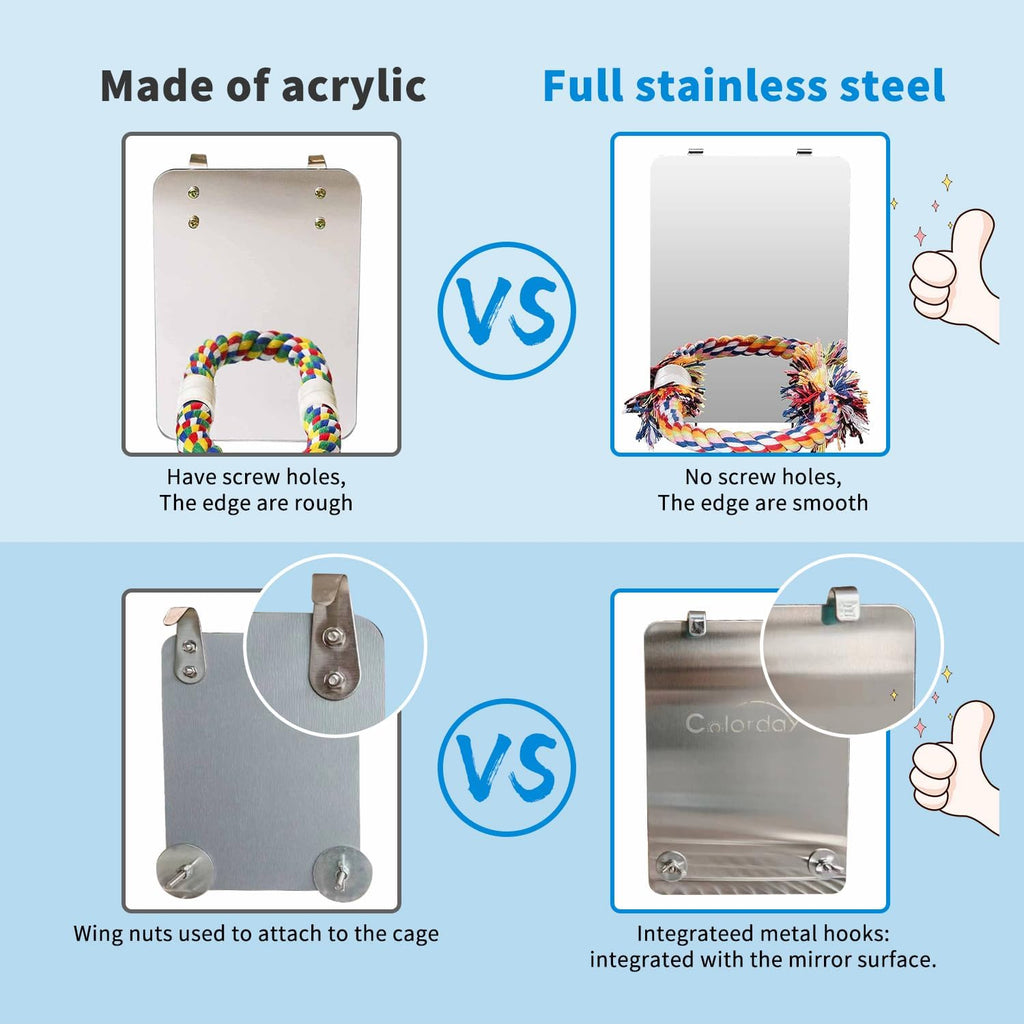 9 Inch Stainless Steel Bird Mirror with Rope Perch, Bird Toys Swing, Comfy Perch for African Grey Parakeet Cockatiel Conure Lovebird Finch Canaries